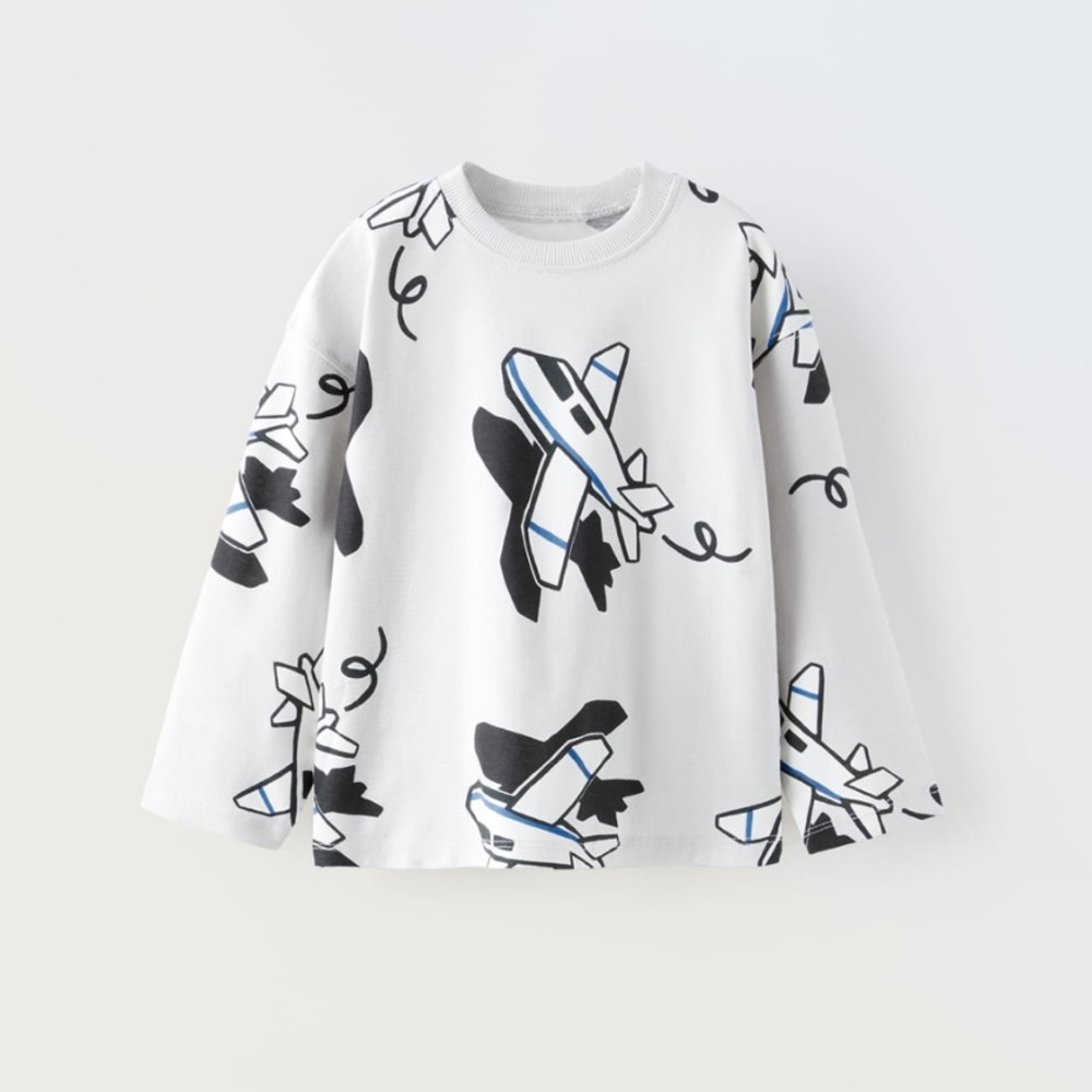 Zara Airplane Print Long Sleeve Shirt